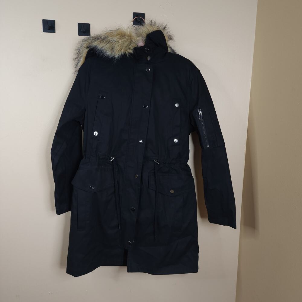 ASOS Faux Fur Hood Drawstring Parka Coat in Black Size 6